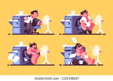 Man in office cooled by fan. Worker enjoys cool air. Vector illustration