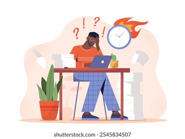 Homem no cargo com prazo. Jovem senta com laptop perto do relógio em chamas. Pressão e esgotamento do prazo, estresse. Trabalhador em excesso no local de trabalho. Ilustração de vetor plano