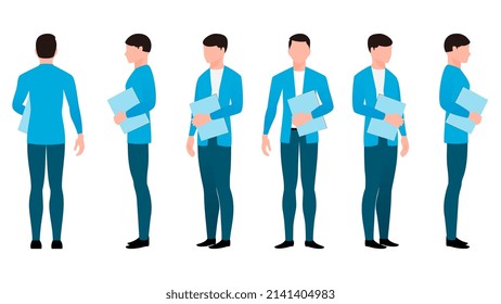 man with office document flat character vector illustration created from different angles. man with office documents flat character vector set. 