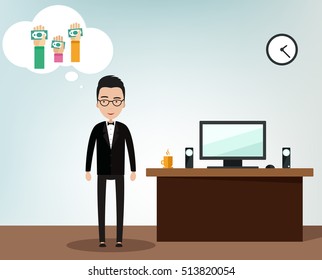 Man in office dreaming.  Vector flat illustration.  money, exchange rate, business.