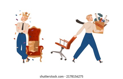 Man Office Employee Character at Chair Wearing Crown and Carrying Cardboard Box with Stuff Being Dismissed Vector Set