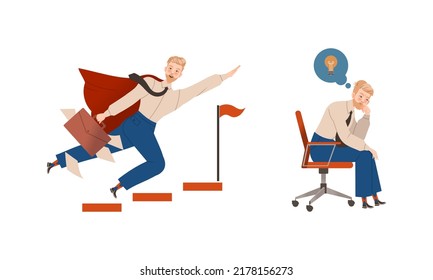 Man Office Employee Character in Cloak Rushing Toward Goal and Sitting on Chair Thinking of Idea Vector Set