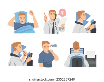 Man Office Employee Day Routine Vector Illustration Set