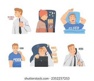 Man Office Employee Day Routine Vector Illustration Set