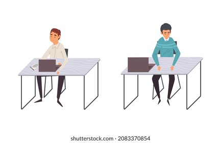Man Office Employee at Desk with Laptop Working Vector Set