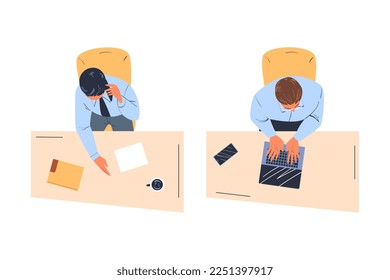 Man Office Employee Sitting at Table as Workplace Top View Vector Set