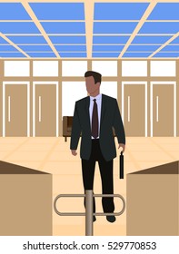 man in office lobby