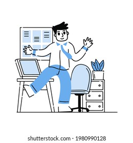Man in office. Outline happy business character at work. Linear interior of office with desk and computer. Modern cartoon isolated on white. Businessman goes to work