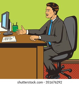 Man in office pop art retro style vector illustration. Comic book style imitation. Man on the interview