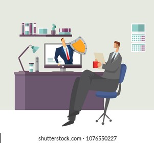 Man in office reading document with shielded man protecting his computer. Protecting your personal data. GDPR, RGPD. General Data Protection Regulation. Concept flat vector illustration. Horizontal.