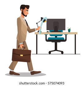 man office reading paper suitcase desk armchair laptop