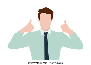 A man in an office shirt with a tie shows his hands thumbs up sign. Isolated on white. Vector illustration