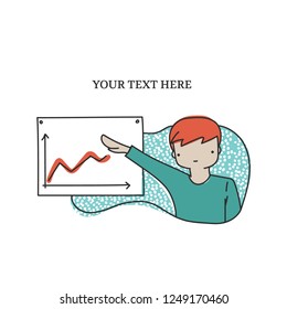 Man in office shows a positive effect diagram. Hand drawn business template.