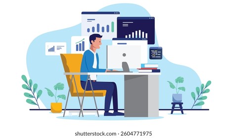 Man in office sitting at desk working with data, charts and diagrams on desktop computer. Flat design vector illustration with white background