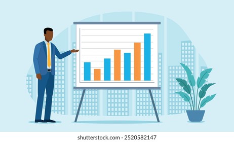 A man in an office stands at a flipchart with a data graph. A flower is standing next to it. In the background, an office window with a view of the city. Flat design vector.