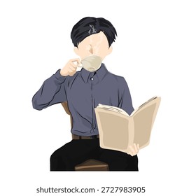 a man in an office suit is drinking coffee while reading a book