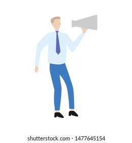 A man in an office suit with a loudspeaker