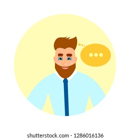 Man in an office suit, office worker, businessman, blogger. Laugh and speech bubble. Vector bright illustration in flat style.
