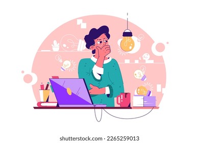 Man in office surrounded by ideas - lightbulbs lost in thought vector illustration. Desk cluttered with laptop, coffee, documents, idea search concept.