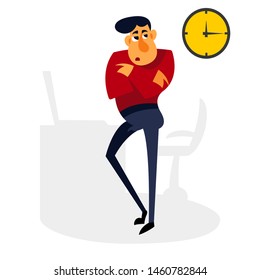 Man in the office waiting for lunchtime. Suffer from procrastination. The end of the working day. Desire to escape from work.