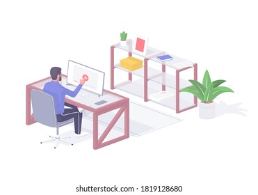 Man in office watching online video on computer isometric illustration. Male character at work watches web videos on monitor while sitting chair. Nice break between setting deadline vector realistic.