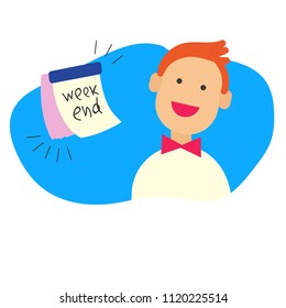 Man in office at weekend. Man happy beginning of weekend. Flat cartoon style illustration