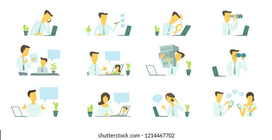 Man in the office at work. Looking for a laptop. Correspondence, communication and problem solving.