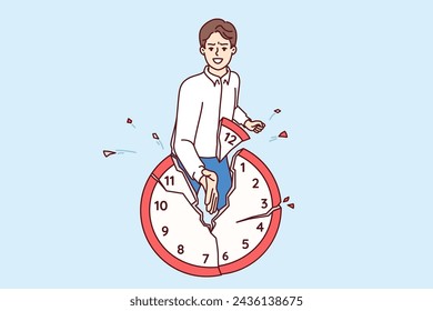 Man office worker breaks watch, refusing to comply with strict deadlines and follow company business schedule. Strong guy hits deadlines by meeting and exceeding productivity targets with ease.