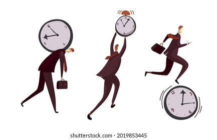 Man Office Worker With Briefcase Holding Clock As Time Management And Workload Deadline Pressure Vector Set