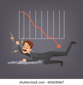 Man office worker character cry. Business fail. Graph down. Vector flat cartoon illustration