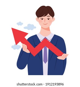 Carácter de trabajador de oficina de hombre con flecha ascendente. Ilustración vectorial de concepto de economía y existencias.