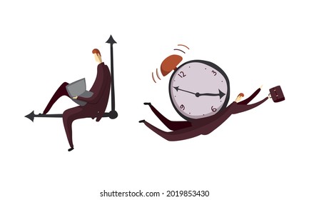 Man Office Worker And Clock As Time Management And Workload Deadline Pressure Vector Set