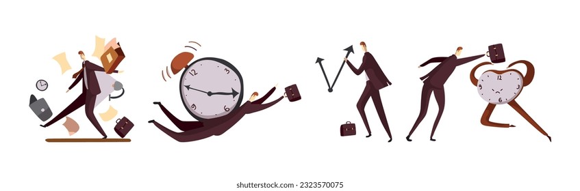 Man Office Worker with Clock as Time Management and Workload Deadline Pressure Vector Set