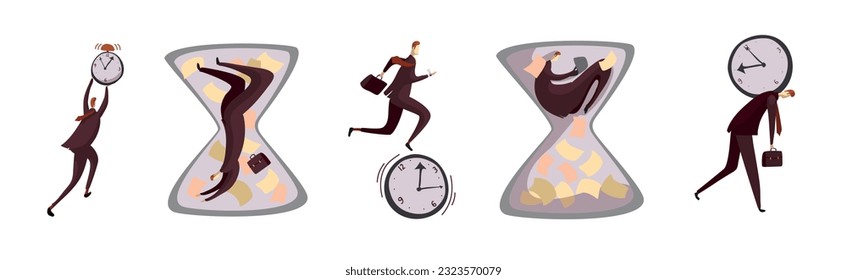 Man Office Worker with Clock as Time Management and Workload Deadline Pressure Vector Set