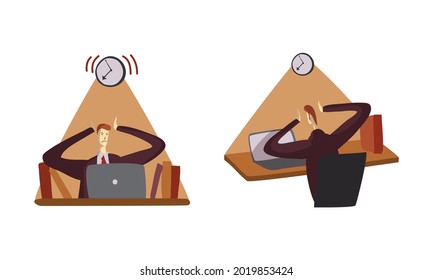 Man Office Worker at Desk Struggle with Urgent Task as Time Management and Workload Deadline Pressure Vector Set