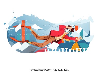Man office worker diving underwater like diver, vector illustration. Navigating complex information and tasks in workplace concept.
