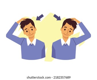 Man office worker exercising to get rid of painful feelings and discomfort in the neck, flat vector illustration isolated on white background. Neck stretch exercise.