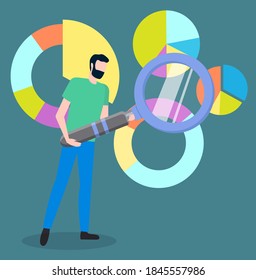 Man office worker with magnifier analyzes demand on diagrams of various shapes, choosing way to attract customers. Project management and financial report strategy. Business analysis planning