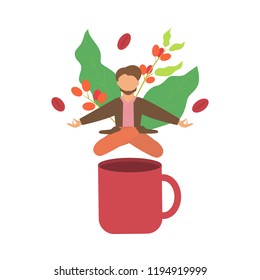 Man, office worker, manager in yoga position with cup of coffee. Concept illustration for coffee break, work pause, relax time in cafe. Vector illustration of bright, strong, aroma of coffee.