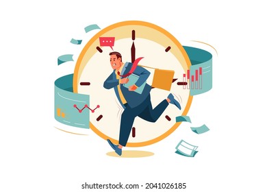 Multitarea del trabajador de oficina. Empresario ocupado, trabajo estrés Concepto Ilustración. Ilustración plana aislada en fondo blanco.