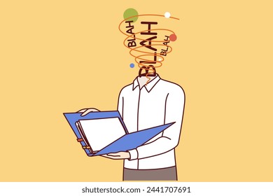 Man office worker, overwhelmed with new ideas, feels brain explode reading business documents. Guy with words blah instead of head is studying business contract or financial analytics data