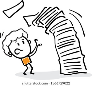 Man office worker with a pile of papers. Tired and scared, a lot of work. Doodle style vector illustration object isolated hand draw. Line art cartoon design character boy