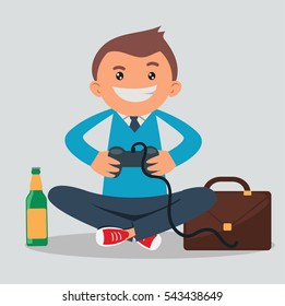 Man, office worker playing video game sitting on the floor. Flat minimalistic design