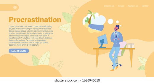 Man Office Worker Procrastinating, Postponing Work, Thinking about Vacation Flat Cartoon Banner Vector Illustration. Laziness at Workplace. Dreaming of Summer Holidays. Unprofitable Time Spending.