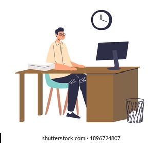 Hombre, trabajador de oficina retrasando en el lugar de trabajo, se sienta aburrido en la oficina con montones de papeles y computadora. Procrastinación en el concepto de trabajo. Dibujo vectorial plano de dibujos animados