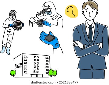 man office worker with questions about semiconductors hand drawing vector illustration