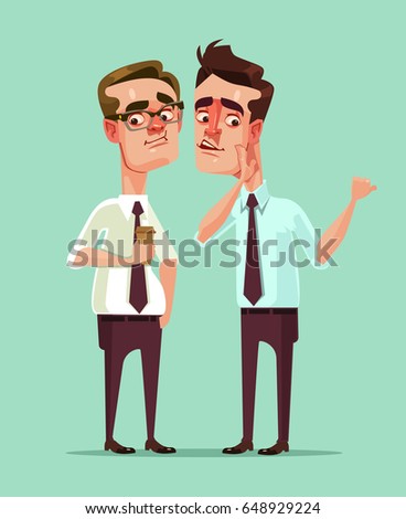 Man office worker says rumors to other man character. Vector flat cartoon illustration