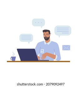 Man office worker serves clients online.Flat hand-drawn cartoon character.Male working at laptop.Job on Internet.Isolated.Vector illustration.