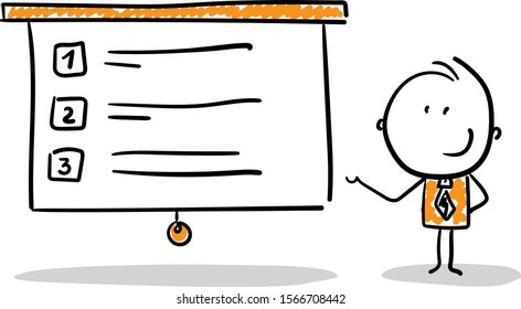 Man office worker showing presentation on a work desk. Doodle style vector illustration object isolated hand draw. Line art cartoon design character
