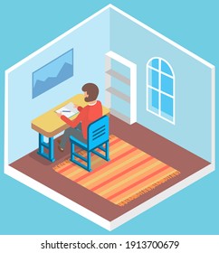 Man office worker sitting at desk in room. Classroom student sitting at table and writing in notebook. Young people preparing for exams at University or school. Person studies gets an education